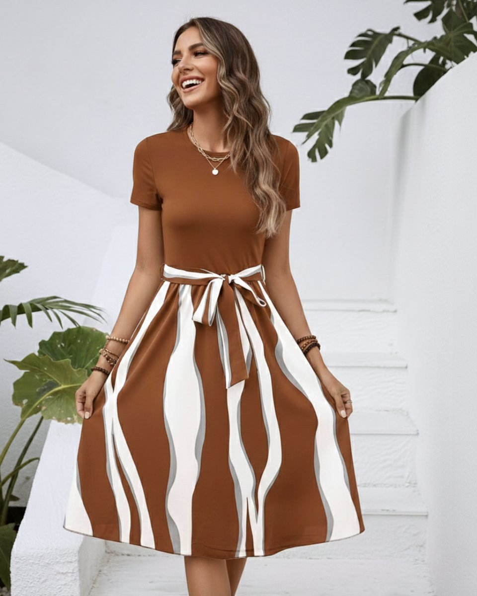 Women's Midi Formal Dress Short-Sleeve Tie-Waist Printed Skirt