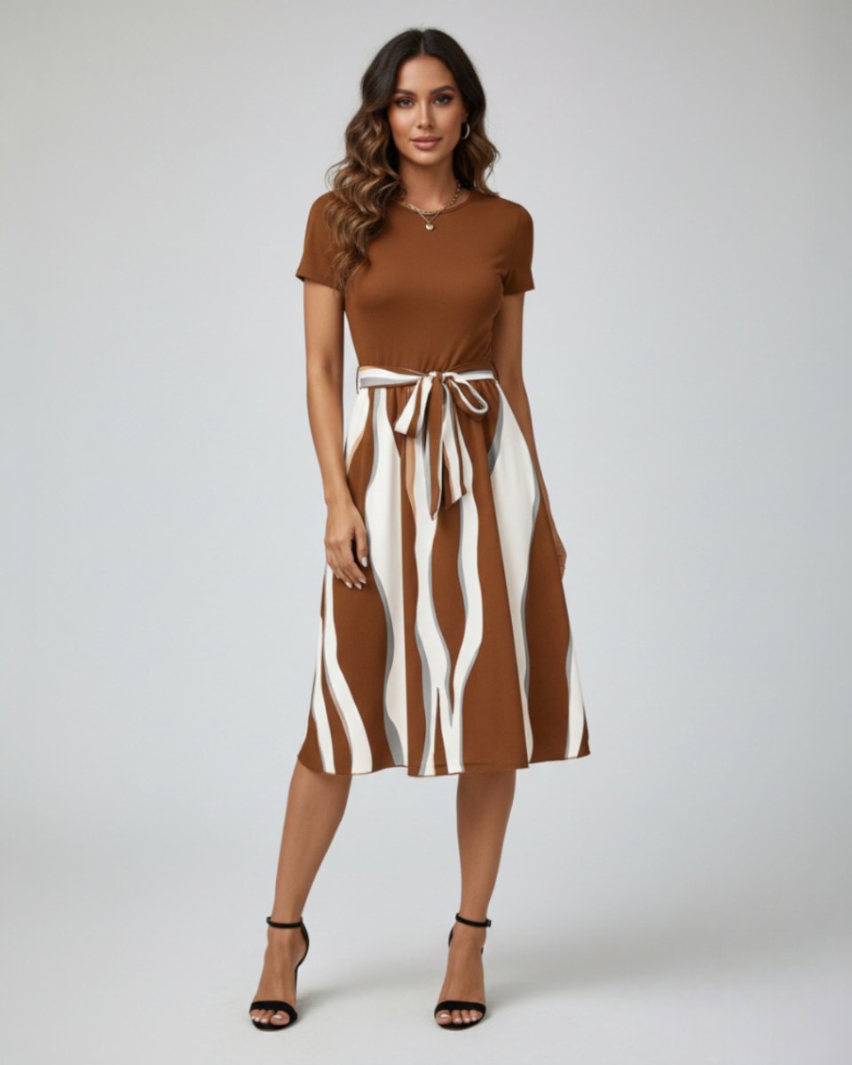 Women's Midi Formal Dress Short-Sleeve Tie-Waist Printed Skirt