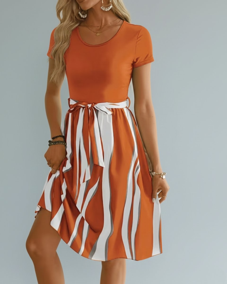 Women's Midi Formal Dress Short-Sleeve Tie-Waist Printed Skirt