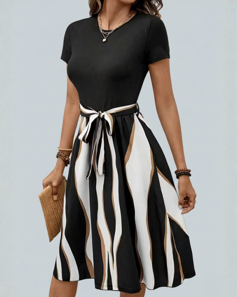 Women's Midi Formal Dress Short-Sleeve Tie-Waist Printed Skirt