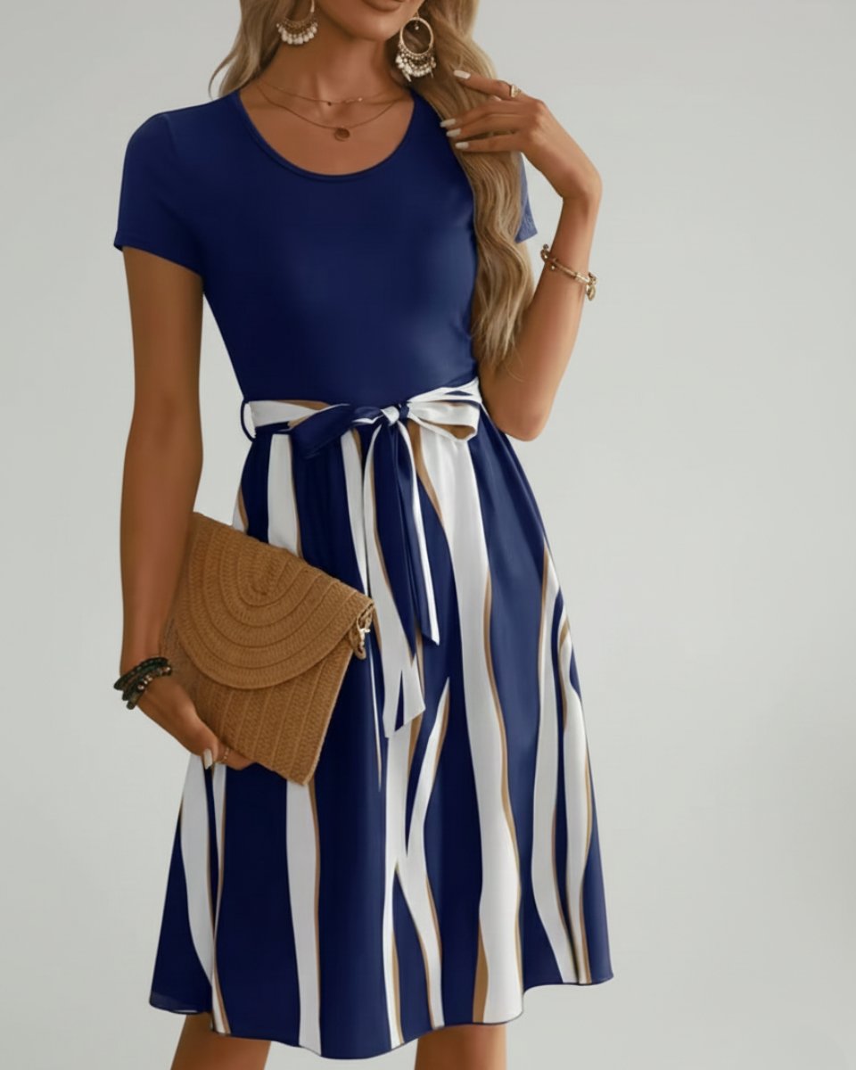 Women's Midi Formal Dress Short-Sleeve Tie-Waist Printed Skirt