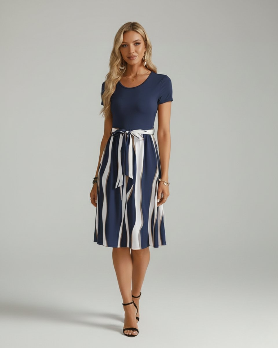 Women's Midi Formal Dress Short-Sleeve Tie-Waist Printed Skirt