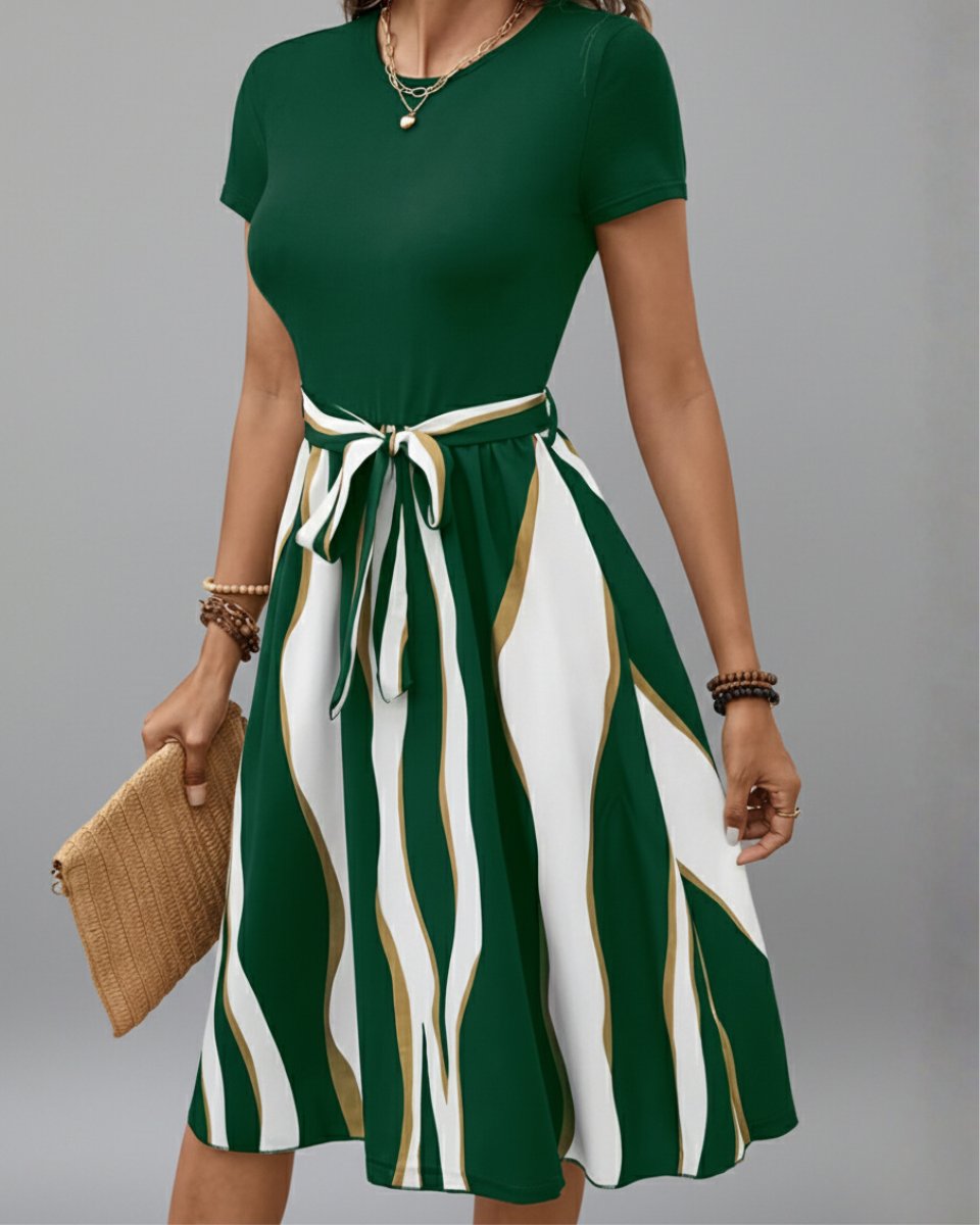 Women's Midi Formal Dress Short-Sleeve Tie-Waist Printed Skirt