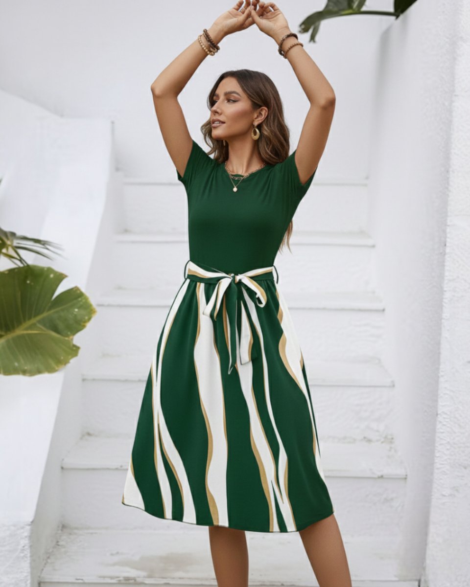 Women's Midi Formal Dress Short-Sleeve Tie-Waist Printed Skirt