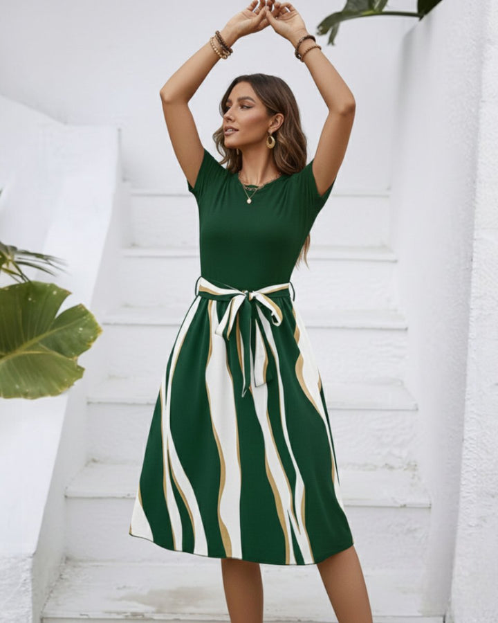 Women's Midi Formal Dress Short-Sleeve Tie-Waist Printed Skirt