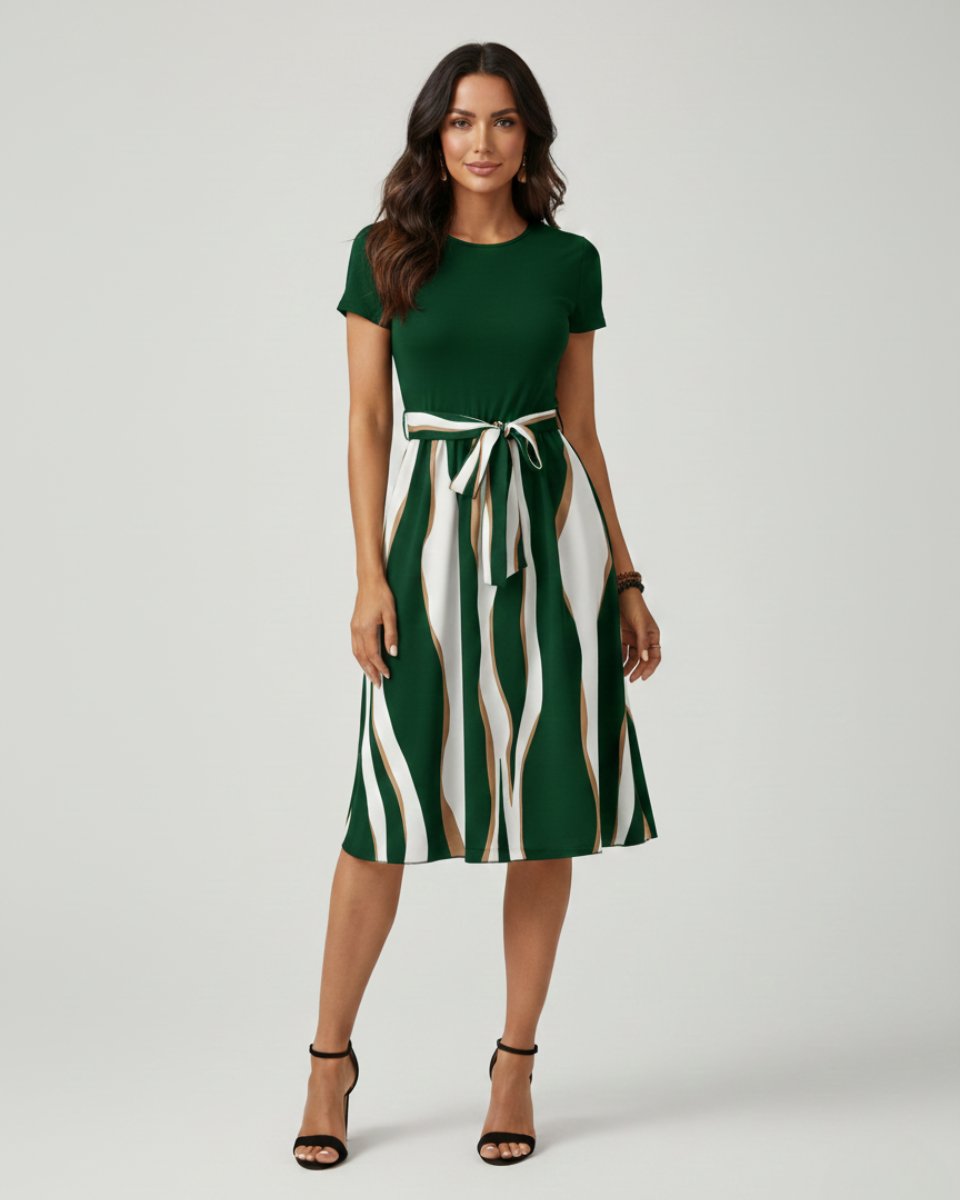 Women's Midi Formal Dress Short-Sleeve Tie-Waist Printed Skirt