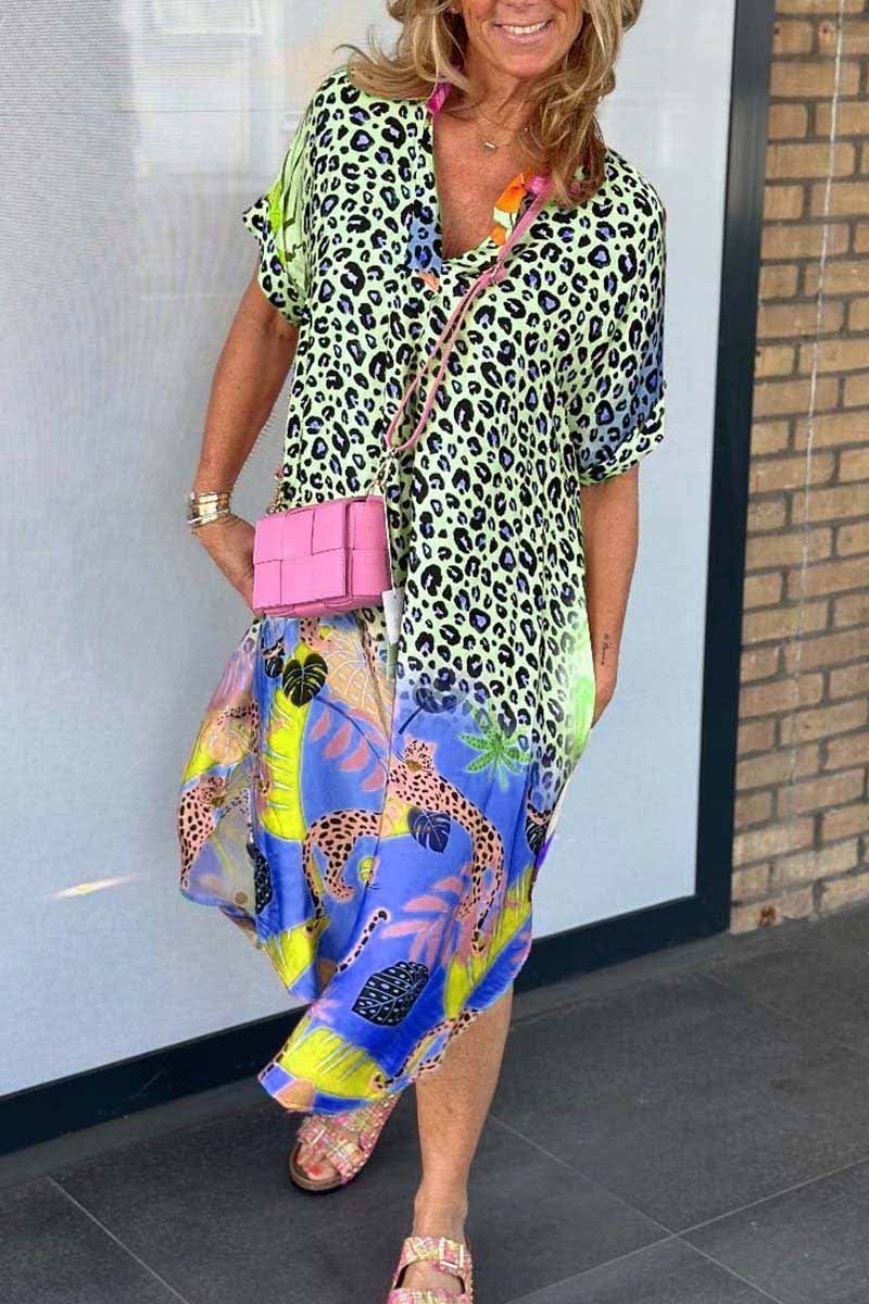 Women's Mixed Animal Print Loose-Fit Fall Midi Dress