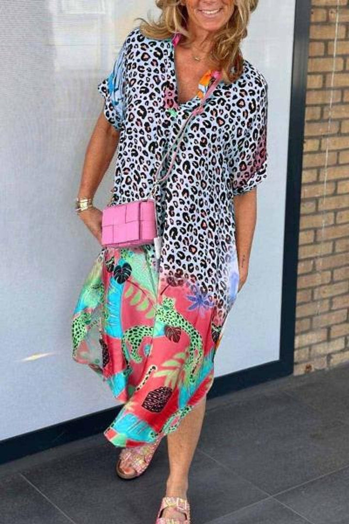 Women's Mixed Animal Print Loose-Fit Fall Midi Dress