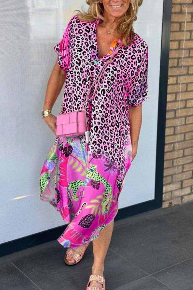Women's Mixed Animal Print Loose-Fit Fall Midi Dress