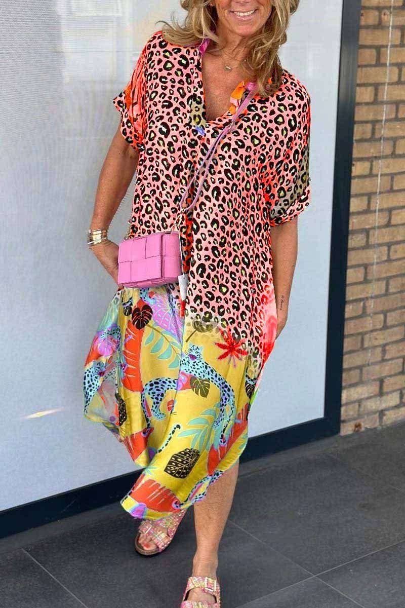 Women's Mixed Animal Print Loose-Fit Fall Midi Dress