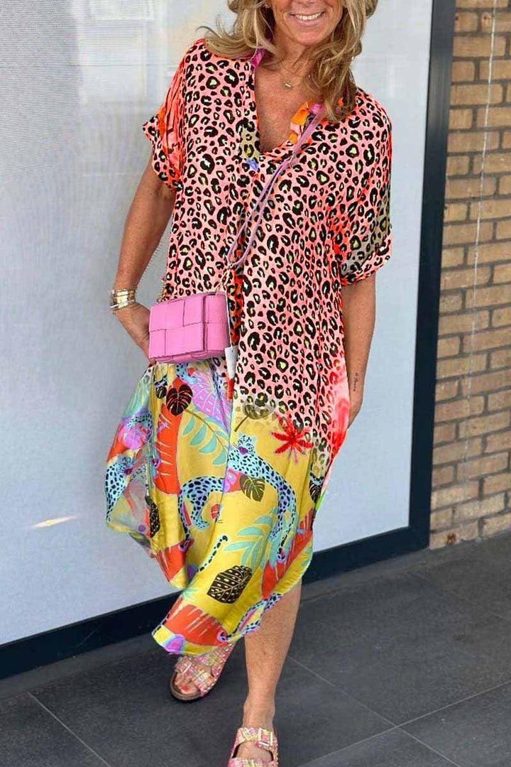 Women's Mixed Animal Print Loose-Fit Fall Midi Dress