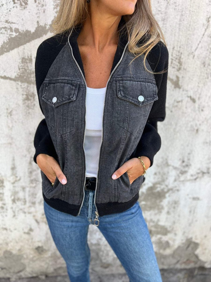 Women's Mixed-Media Zip-Up Denim Jacket Knit Sleeves