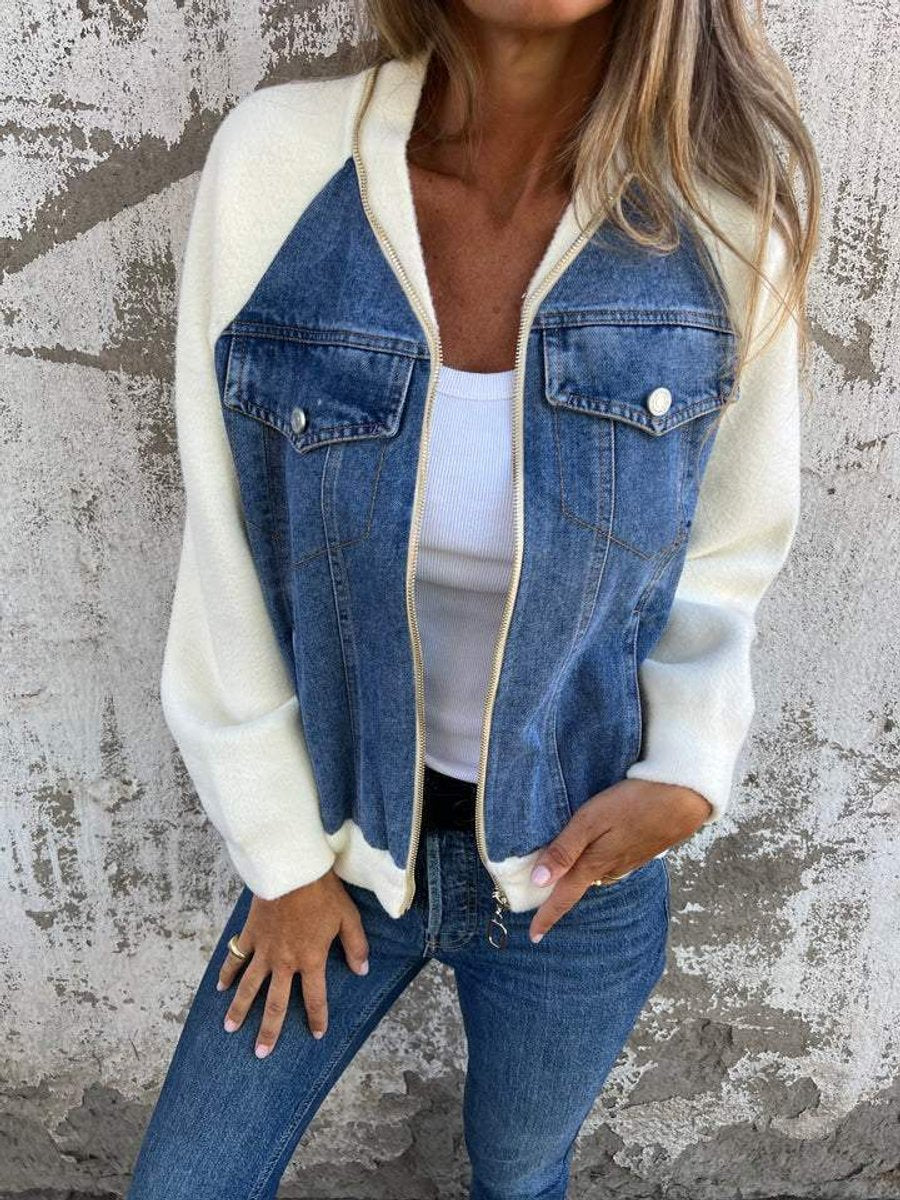 Women's Mixed-Media Zip-Up Denim Jacket Knit Sleeves