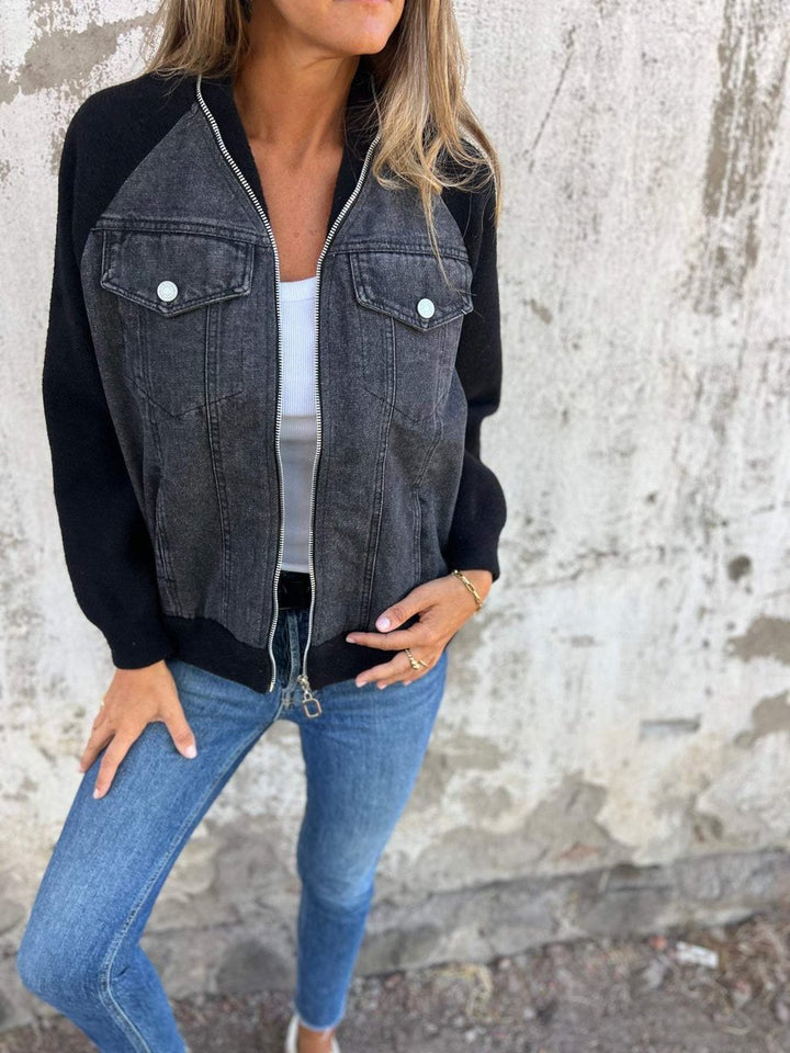 Women's Mixed-Media Zip-Up Denim Jacket Knit Sleeves