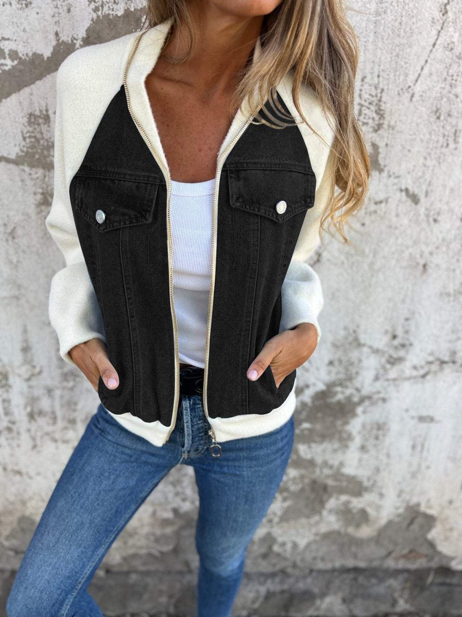 Women's Mixed-Media Zip-Up Denim Jacket Knit Sleeves