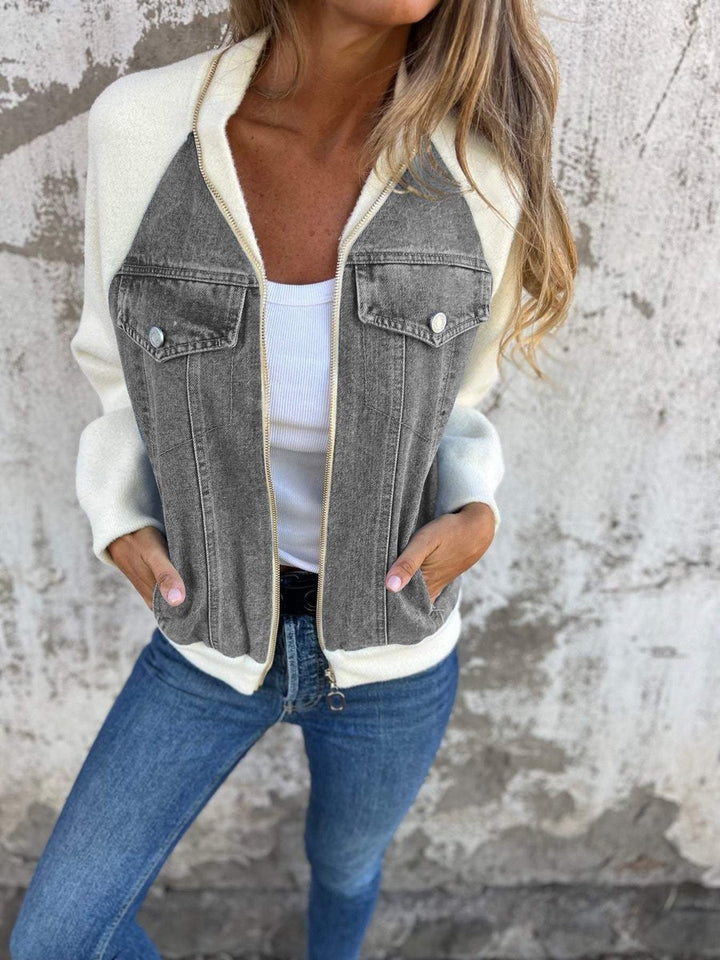 Women's Mixed-Media Zip-Up Denim Jacket Knit Sleeves