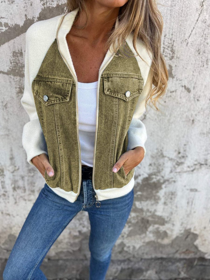 Women's Mixed-Media Zip-Up Denim Jacket Knit Sleeves