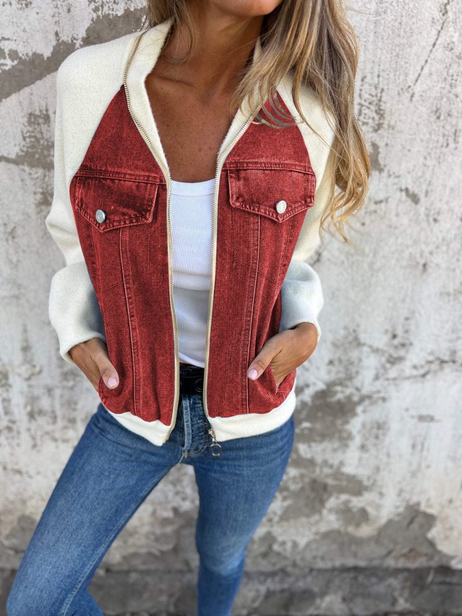 Women's Mixed-Media Zip-Up Denim Jacket Knit Sleeves