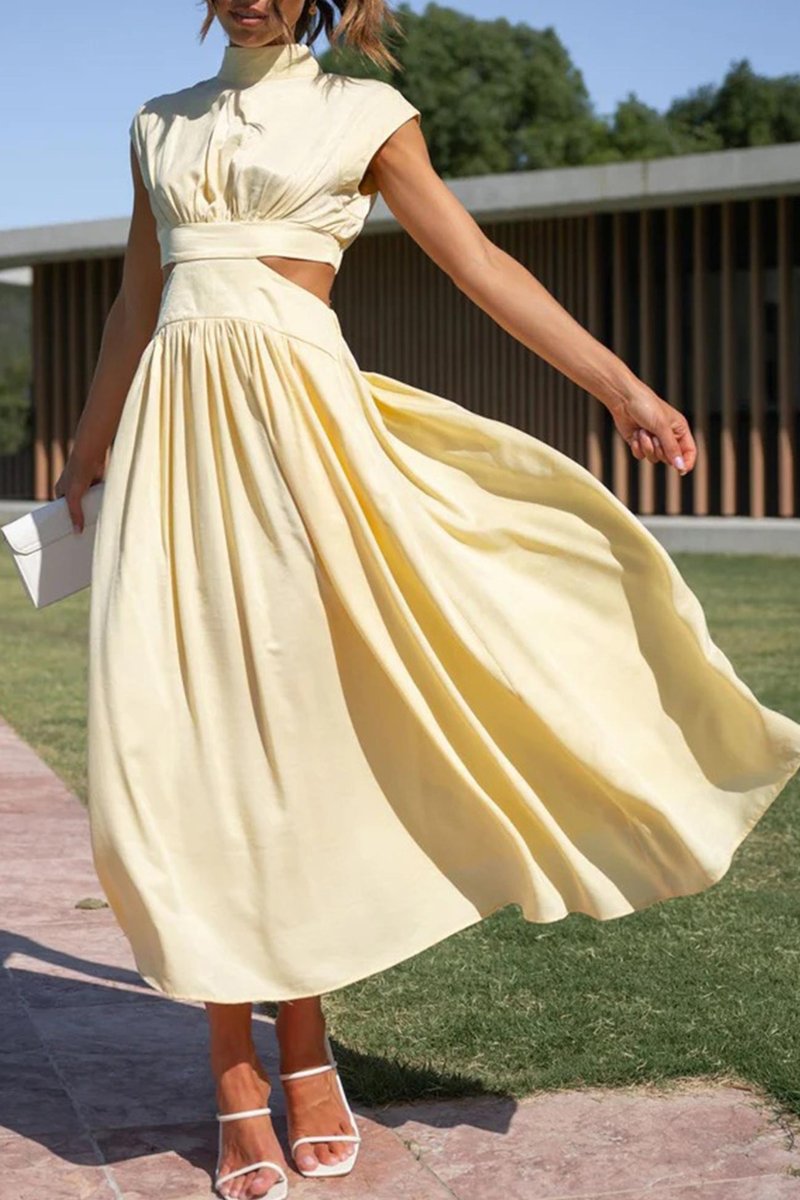 Women's Mock Neck Cutout Fall Midi Dress Flowy A-Line