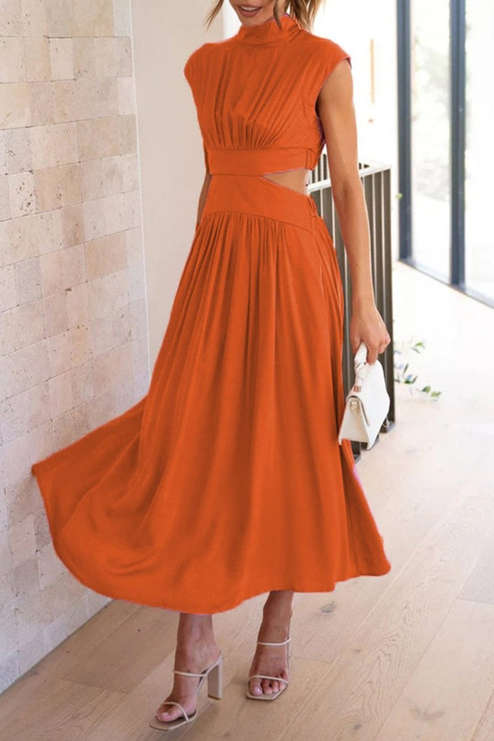 Women's Mock Neck Cutout Fall Midi Dress Flowy A-Line
