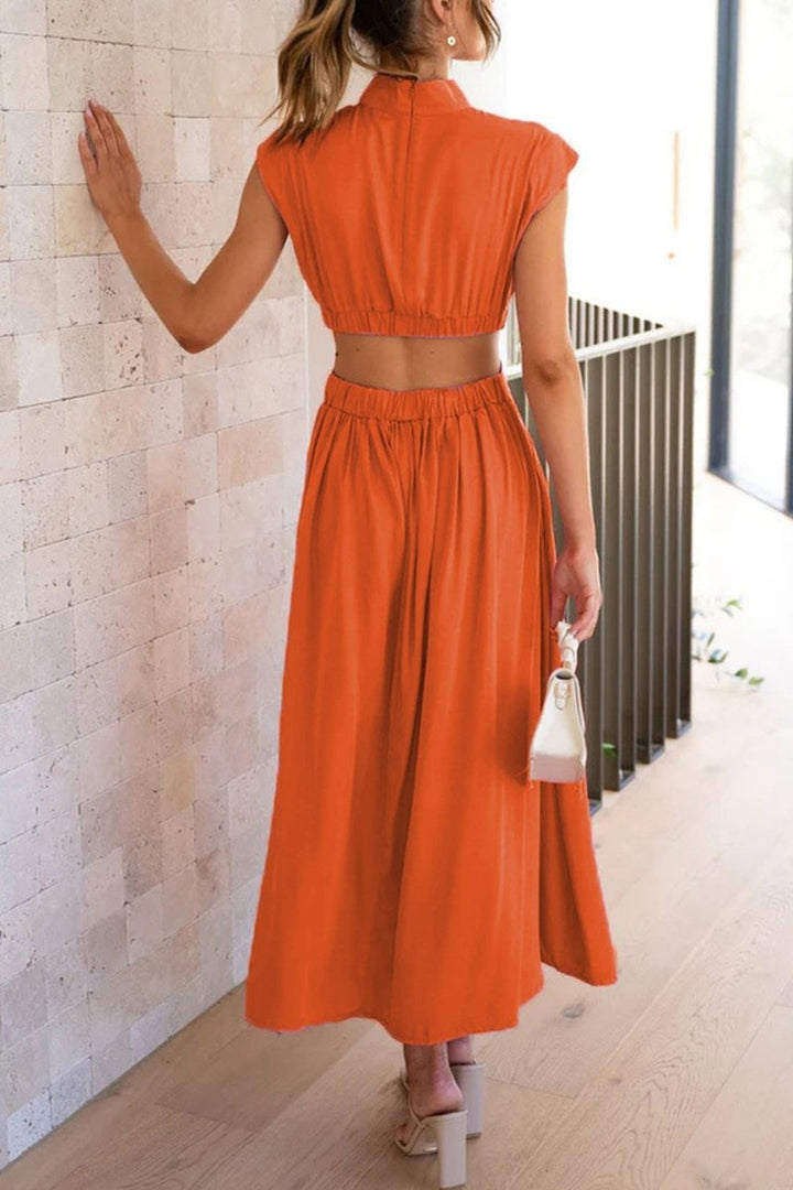 Women's Mock Neck Cutout Fall Midi Dress Flowy A-Line