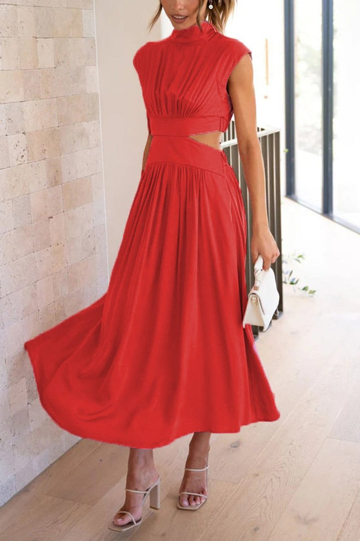 Women's Mock Neck Cutout Fall Midi Dress Flowy A-Line