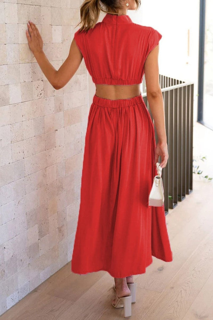 Women's Mock Neck Cutout Fall Midi Dress Flowy A-Line