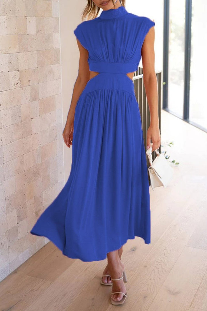 Women's Mock Neck Cutout Fall Midi Dress Flowy A-Line
