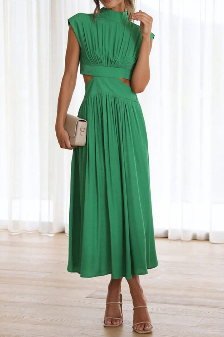 Women's Mock Neck Cutout Fall Midi Dress Flowy A-Line