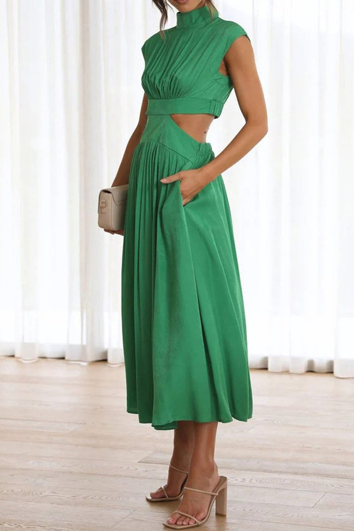 Women's Mock Neck Cutout Fall Midi Dress Flowy A-Line