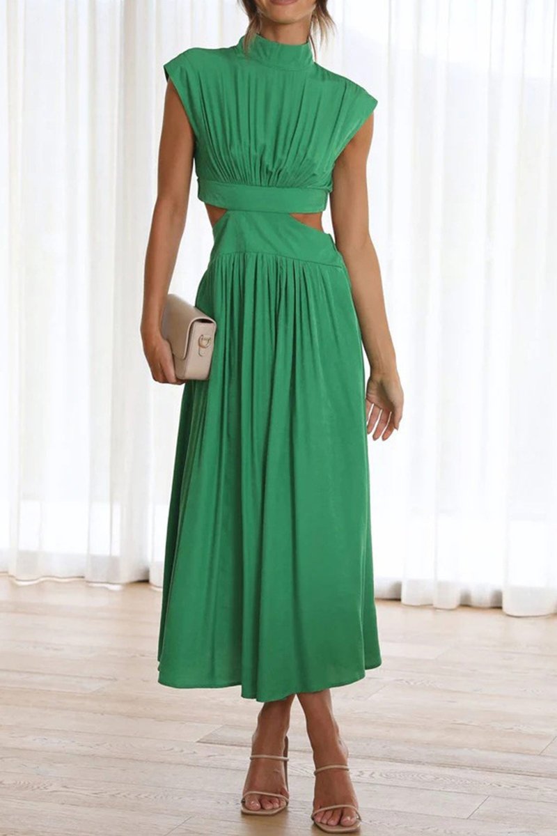 Women's Mock Neck Cutout Fall Midi Dress Flowy A-Line