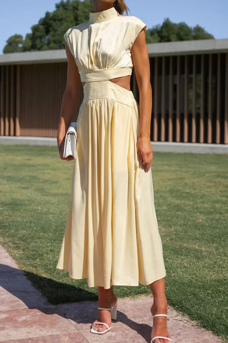 Women's Mock Neck Cutout Fall Midi Dress Flowy A-Line