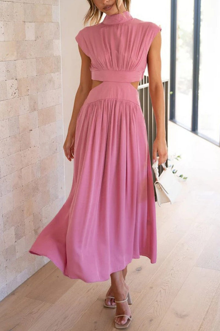 Women's Mock Neck Cutout Fall Midi Dress Flowy A-Line