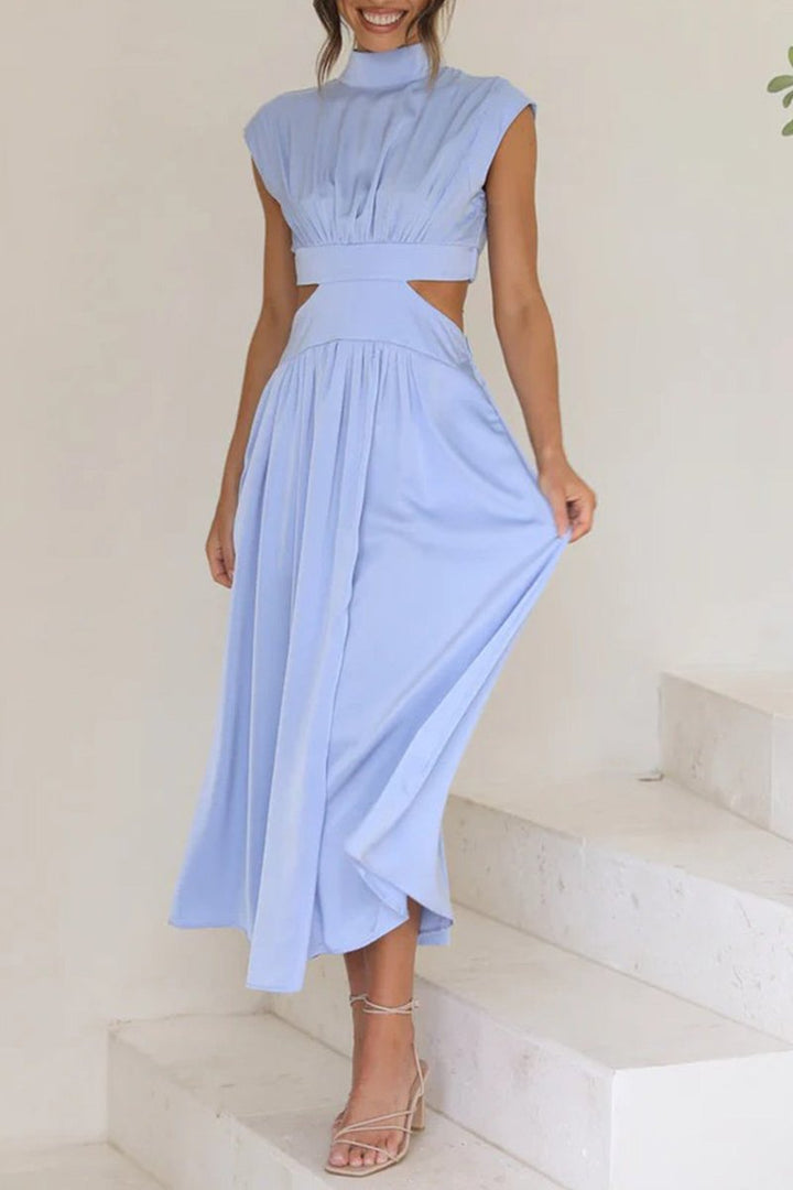 Women's Mock Neck Cutout Fall Midi Dress Flowy A-Line