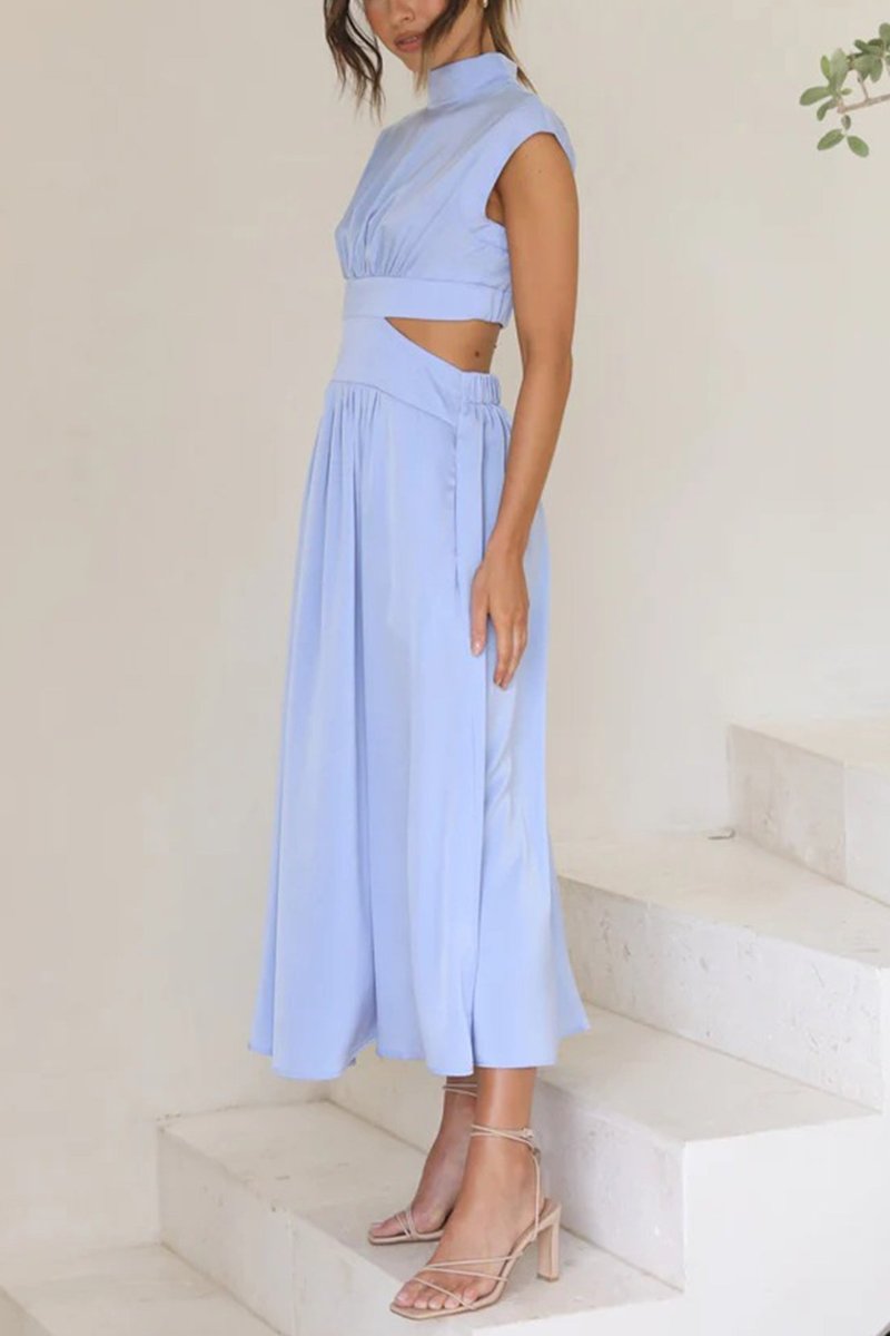 Women's Mock Neck Cutout Fall Midi Dress Flowy A-Line