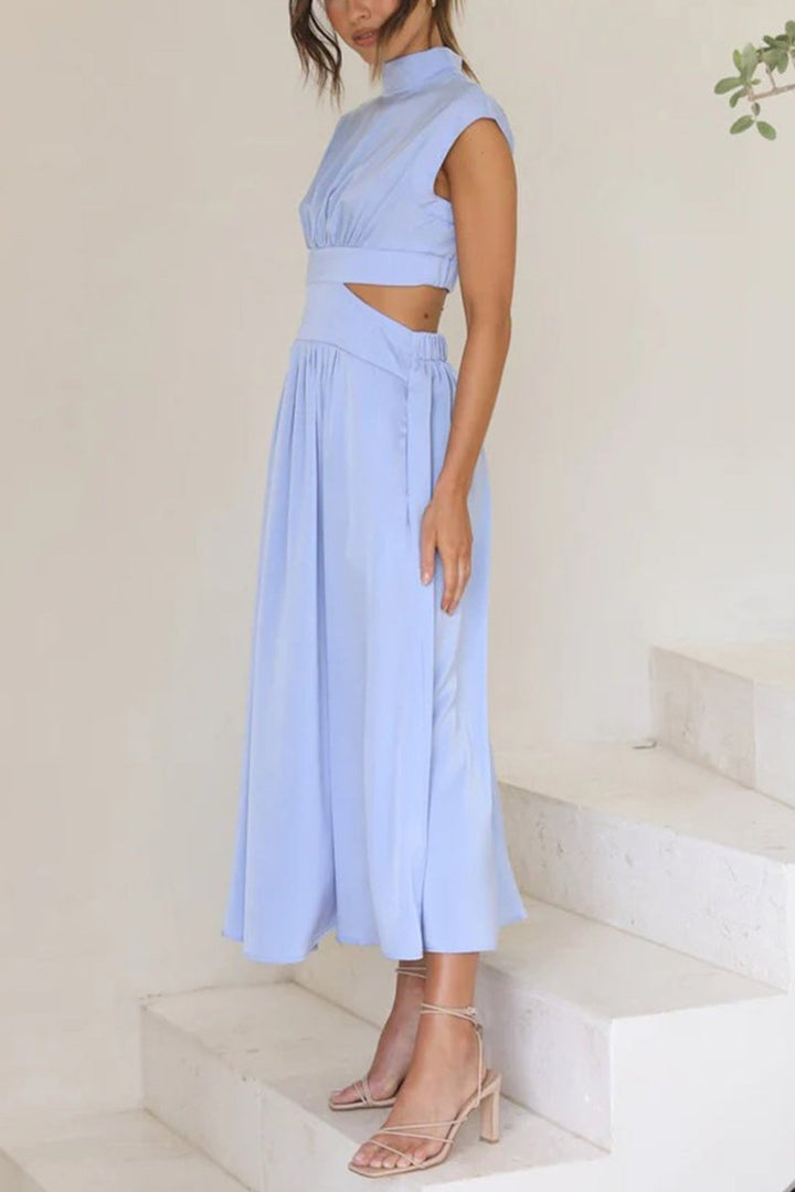 Women's Mock Neck Cutout Fall Midi Dress Flowy A-Line