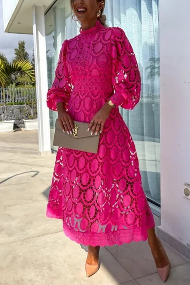 Women's Mockneck Puff Sleeve Lace Eyelet Fall Midi Dress