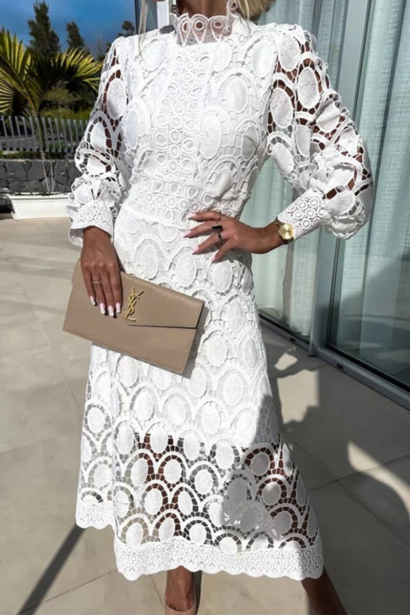 Women's Mockneck Puff Sleeve Lace Eyelet Fall Midi Dress
