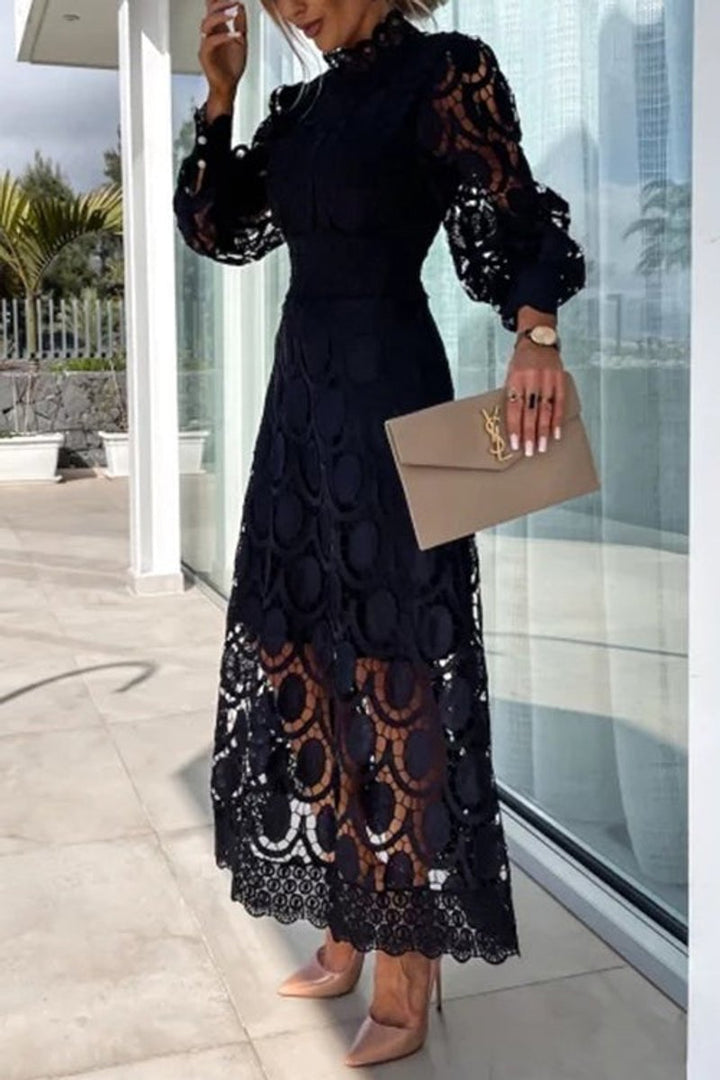 Women's Mockneck Puff Sleeve Lace Eyelet Fall Midi Dress