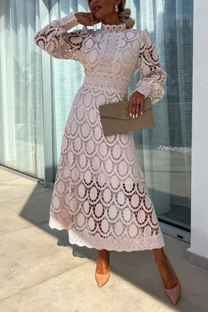 Women's Mockneck Puff Sleeve Lace Eyelet Fall Midi Dress