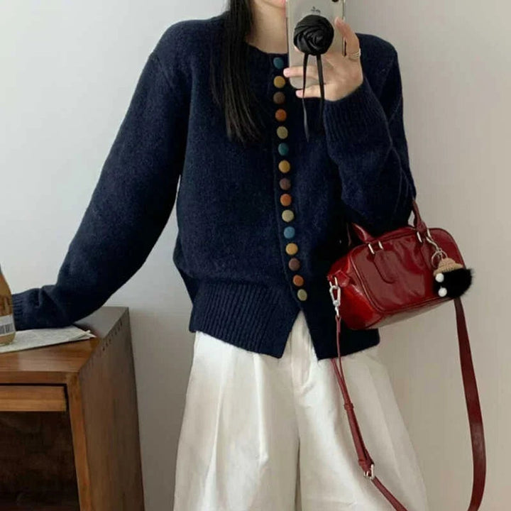 Women's Multicolor-Button Crewneck Knit Cardigan