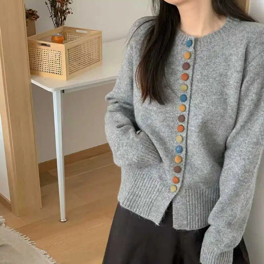 Women's Multicolor-Button Crewneck Knit Cardigan