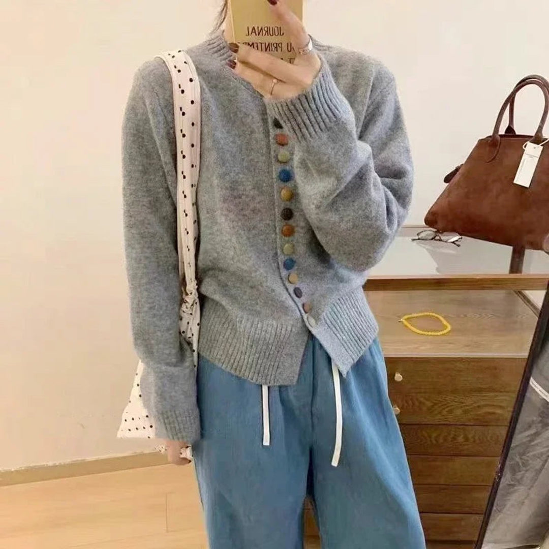 Women's Multicolor-Button Crewneck Knit Cardigan