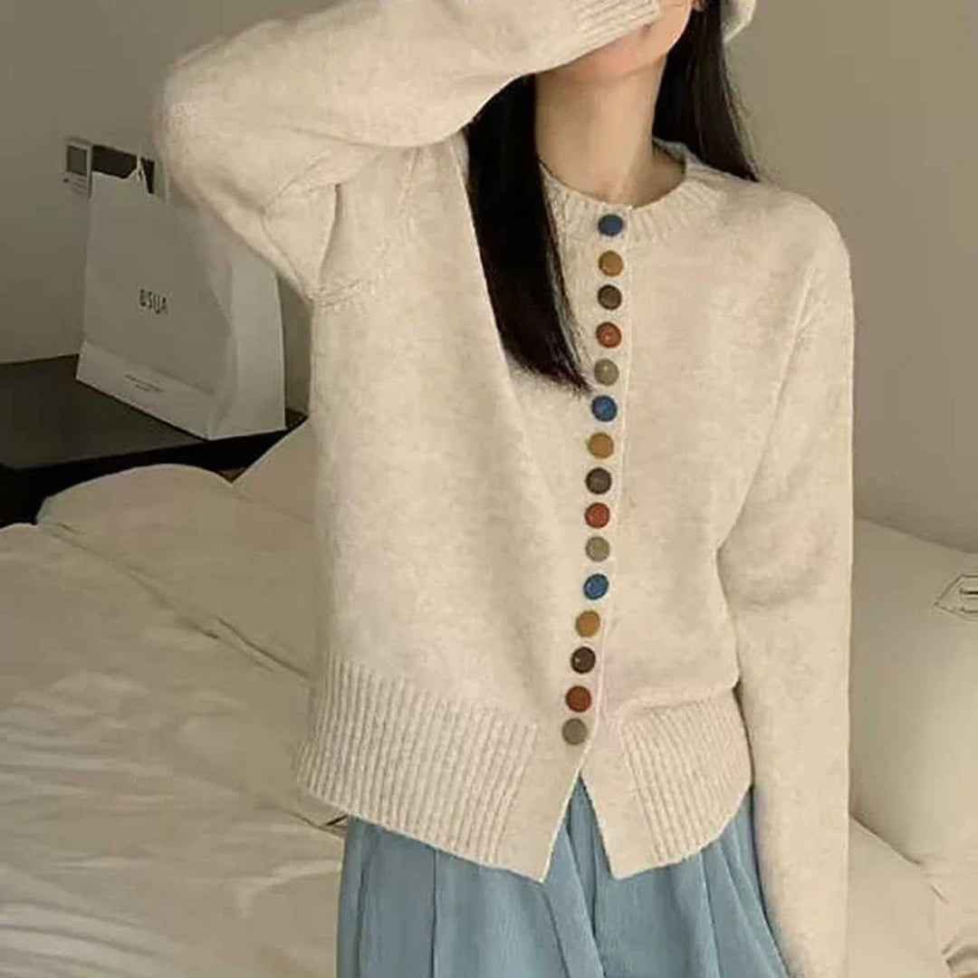 Women's Multicolor-Button Crewneck Knit Cardigan
