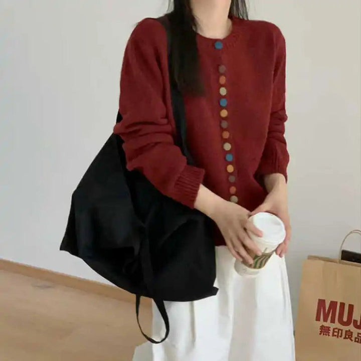 Women's Multicolor-Button Crewneck Knit Cardigan