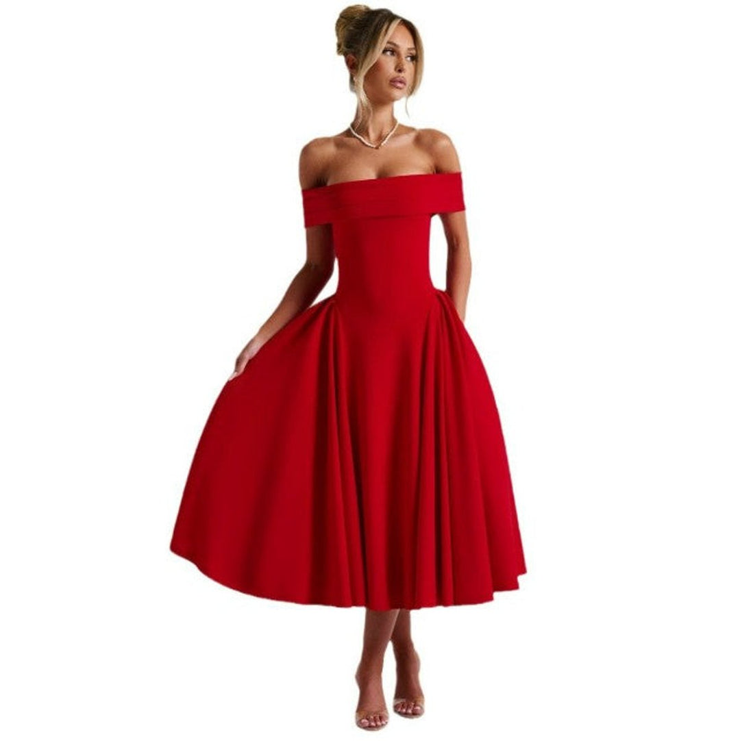 Women's Off-Shoulder A-Line Fall Midi Dress Pleated Skirt