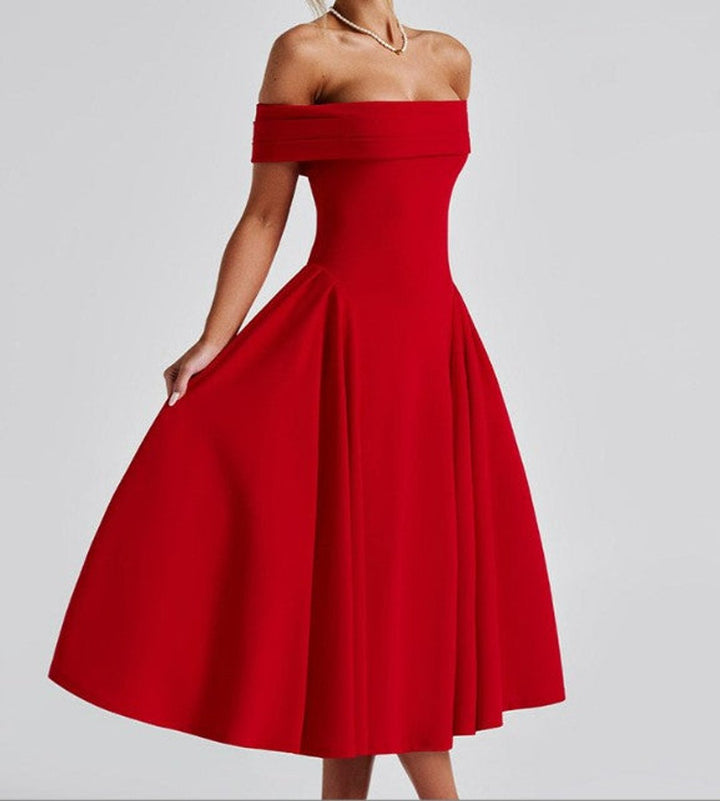 Women's Off-Shoulder A-Line Fall Midi Dress Pleated Skirt