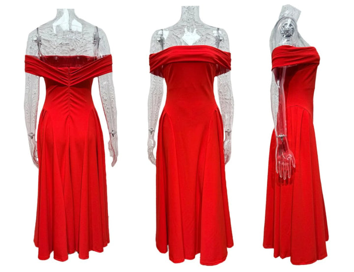 Women's Off-Shoulder A-Line Fall Midi Dress Pleated Skirt