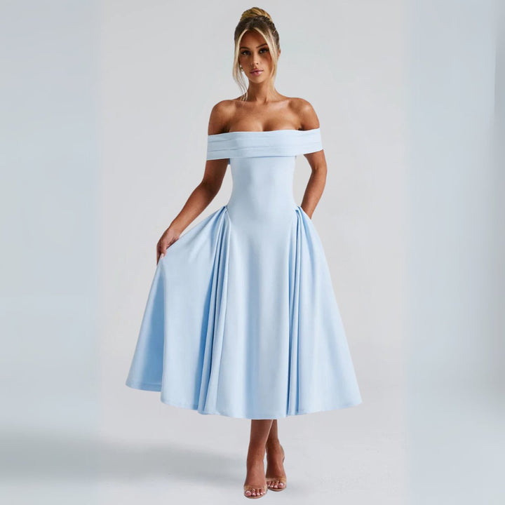 Women's Off-Shoulder A-Line Fall Midi Dress Pleated Skirt