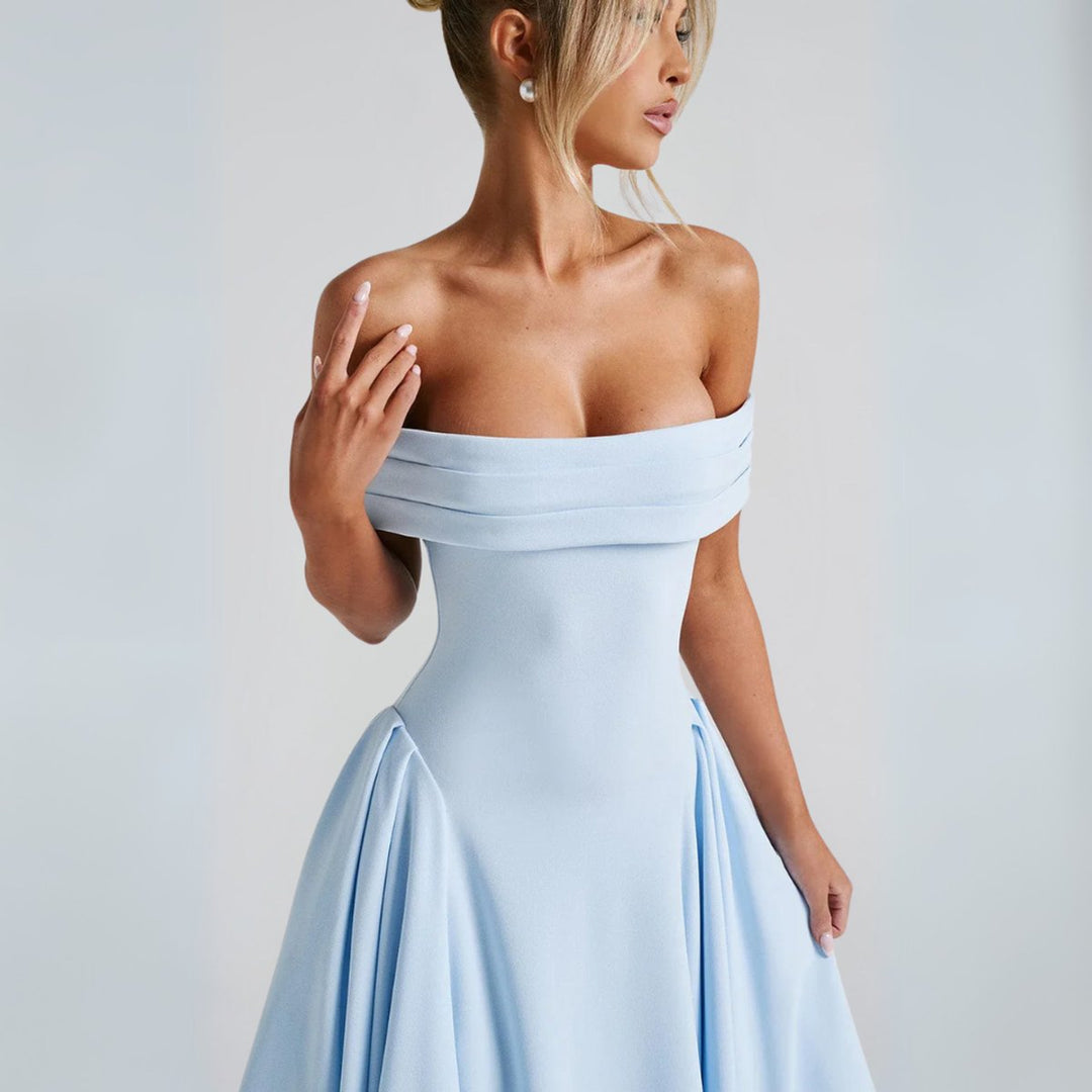Women's Off-Shoulder A-Line Fall Midi Dress Pleated Skirt